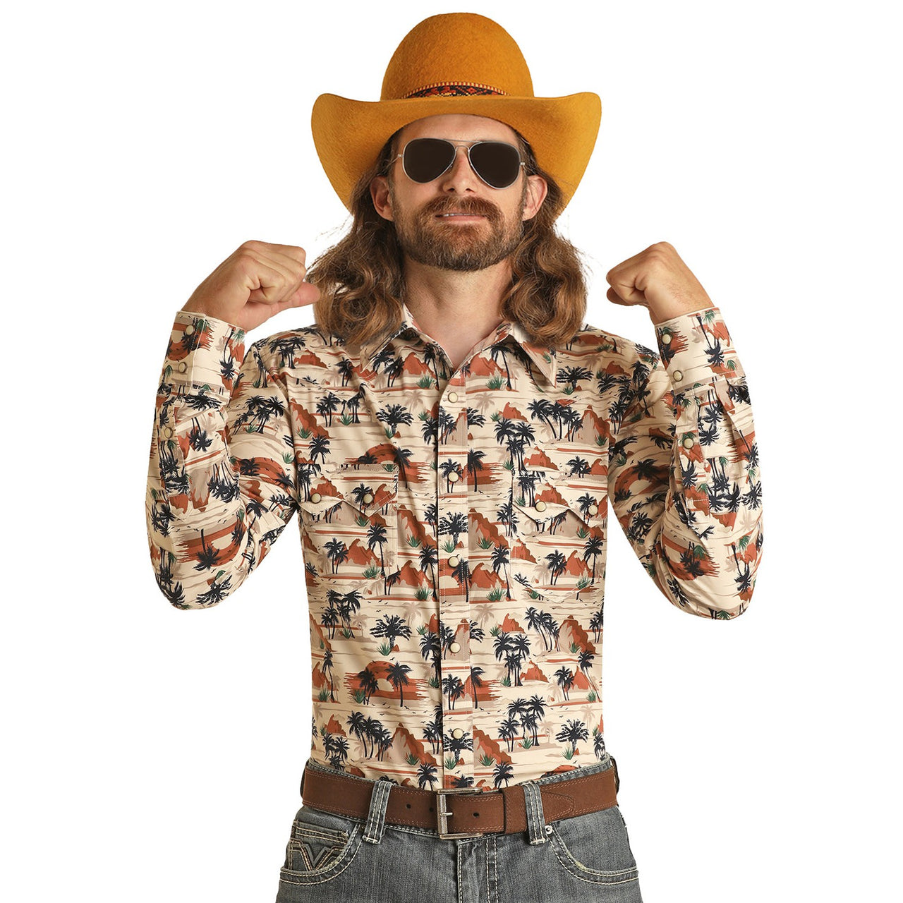 Rock & Roll Men's Long Sleeve 2 Pocket Vacation Snap Shirt - Orange