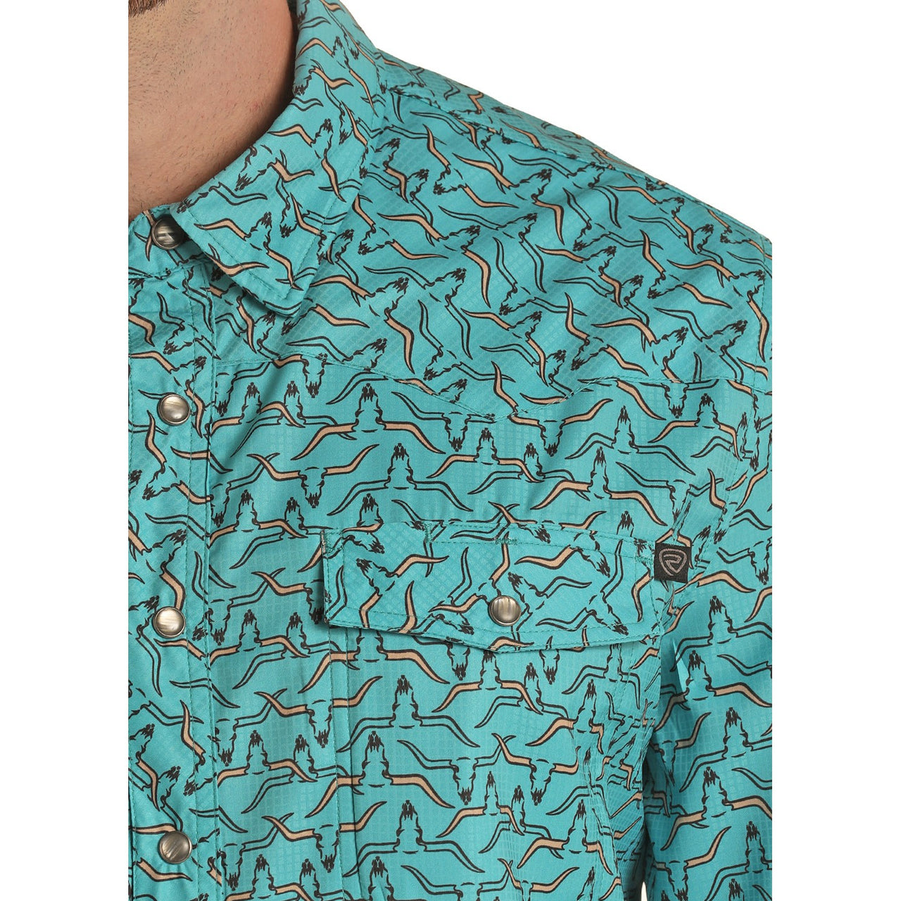 Rock & Roll Men's Tek Long Sleeve 2 Pocket Longhorn Snap Shirt - Teal