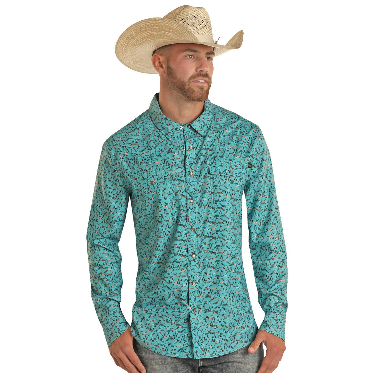 Rock & Roll Men's Tek Long Sleeve 2 Pocket Longhorn Snap Shirt - Teal