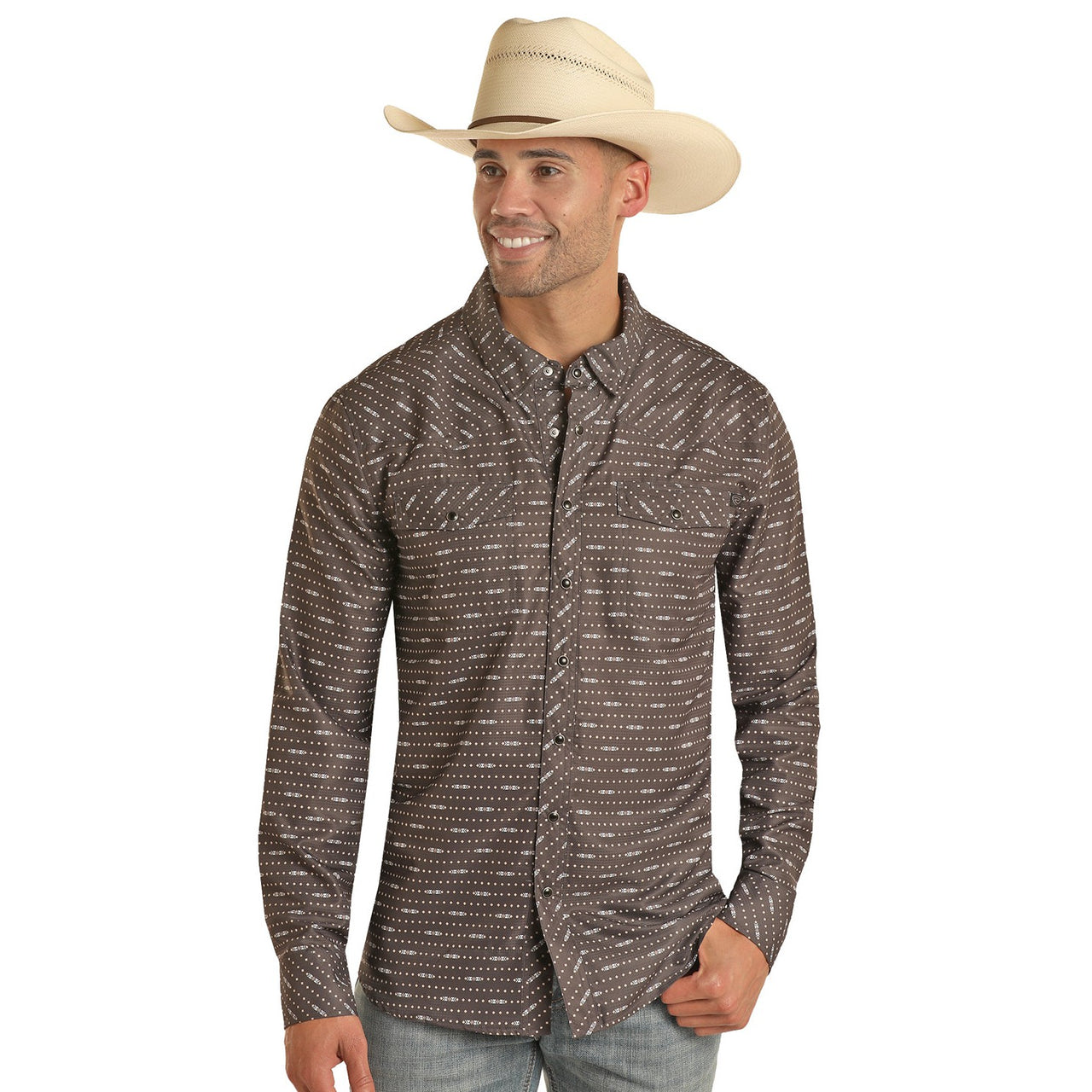 Rock & Roll Men's Tek Long Sleeve 2 Pocket Geometric Snap Shirt - Charcoal