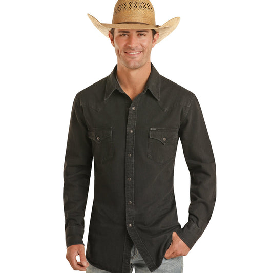 Rock & Roll Men's 2 Pocket Denim Solid Snap Shirt - Black