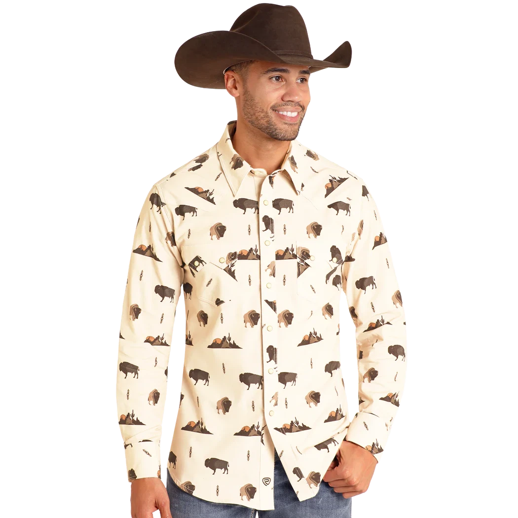 Rock & Roll Men's Long Sleeve Buffalo Corduroy Shirt- Cream