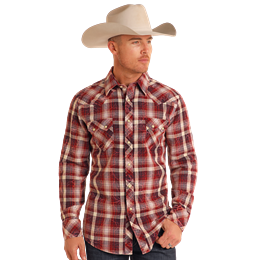 Rock & Roll Men's Washed Double Plaid Long Sleeve Snap Shirt - Burgundy