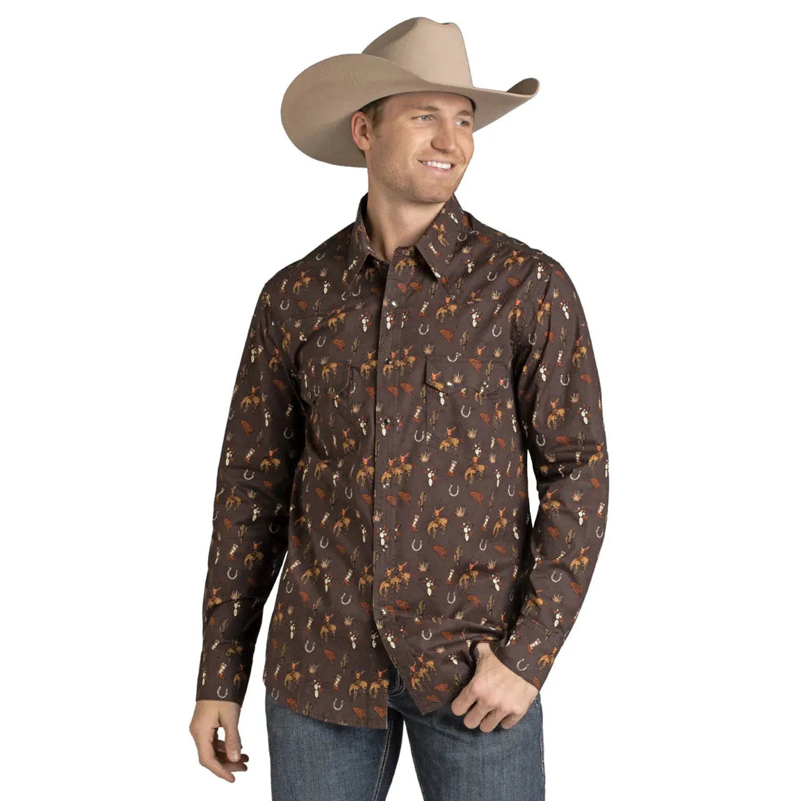 Rock & Roll Men's Print Long Sleeve Snap Up Shirt - Dark Brown