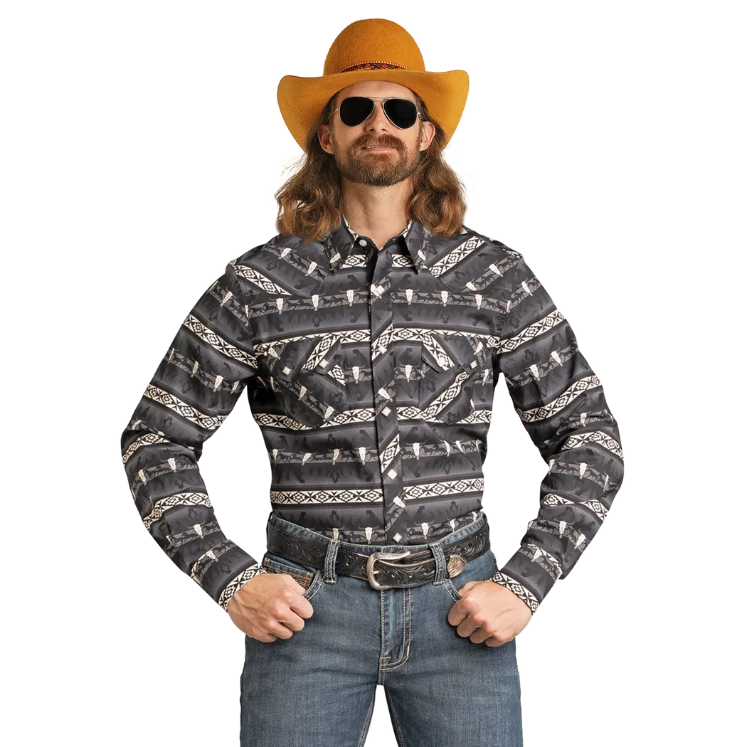 Rock & Roll Men's Dale Brisby Aztec Long Sleeve Snap Shirt - Black