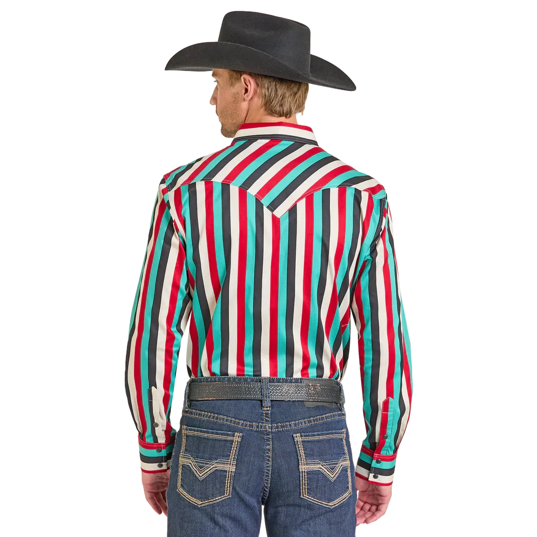 Rock & Roll Men's Long Sleeve Stripe Printed Twill Snap Shirt -Black/Red/White/Teal