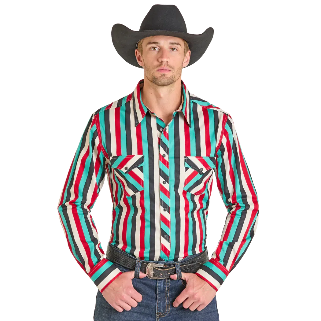 Rock & Roll Men's Long Sleeve Stripe Printed Twill Snap Shirt -Black/Red/White/Teal