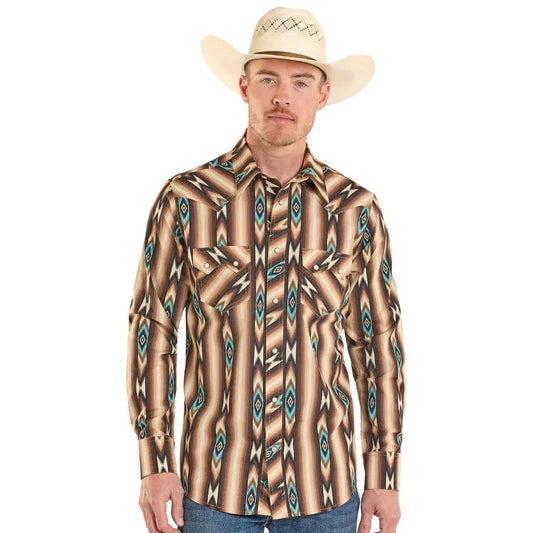 Rock & Roll Men's Aztec Stripe Printed Long Sleeve Snap Shirt - Dark Brown