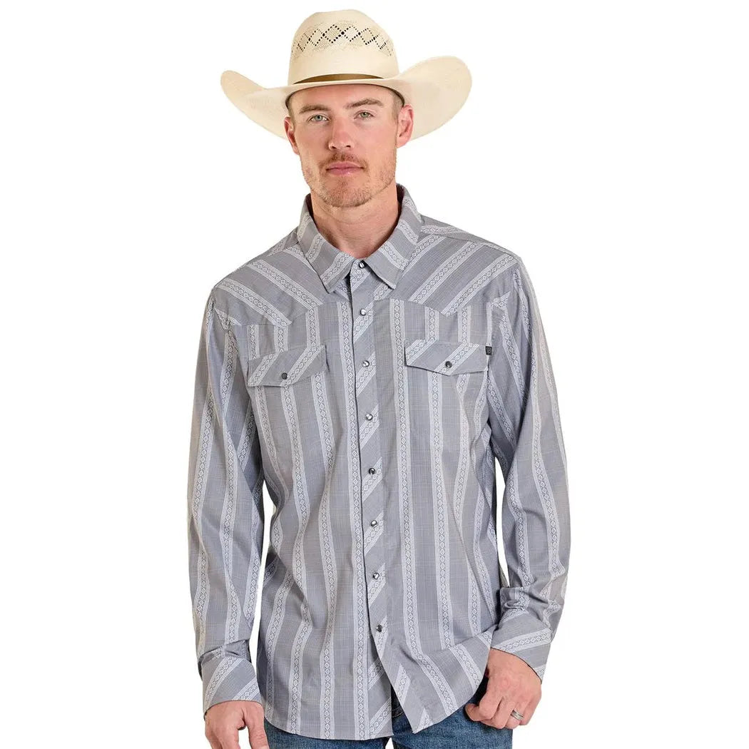 Rock & Roll Men's Tek Western Classic Dobby Stripe Long Sleeve Snap Shirt - Dark Grey