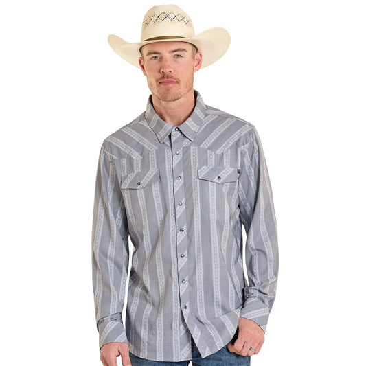 Rock & Roll Men's Tek Western Classic Dobby Stripe Long Sleeve Snap Shirt - Dark Grey