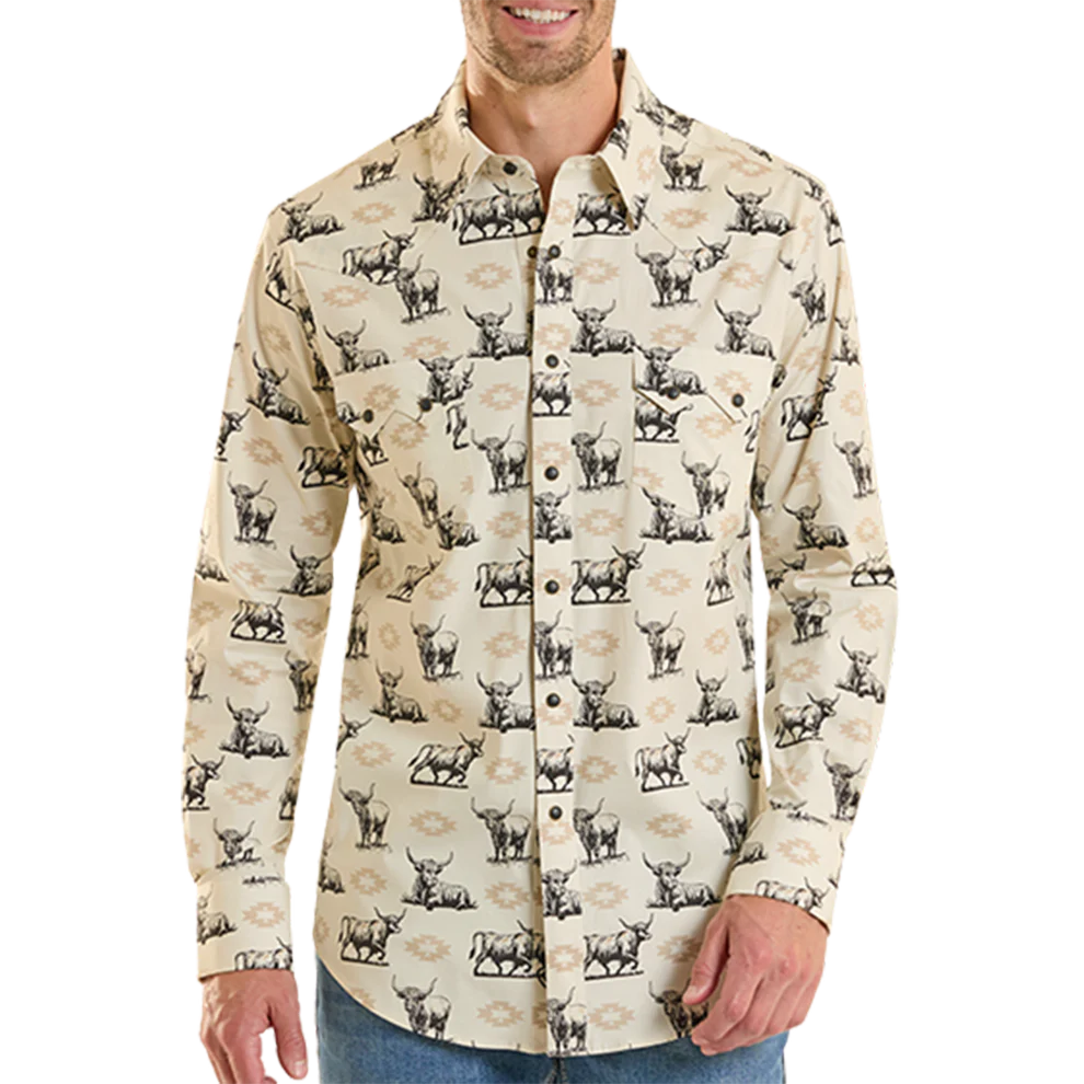 Rock & Roll Men's Long Sleeve Bull & Aztec Print Snap Shirt - Tan