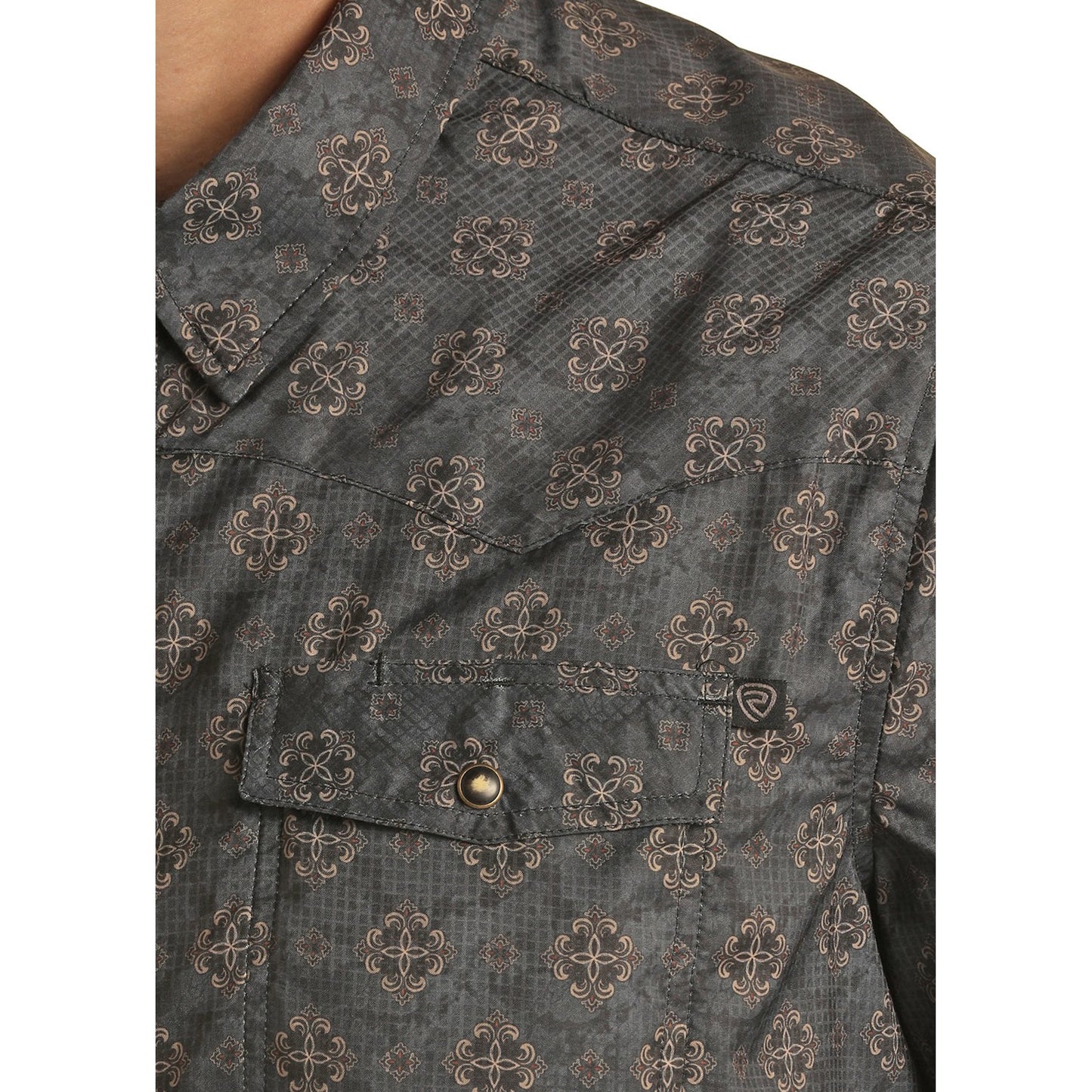 Rock & Roll Men's Short Sleeve 2 Pocket Medallion Ripstop Snap Shirt - Black