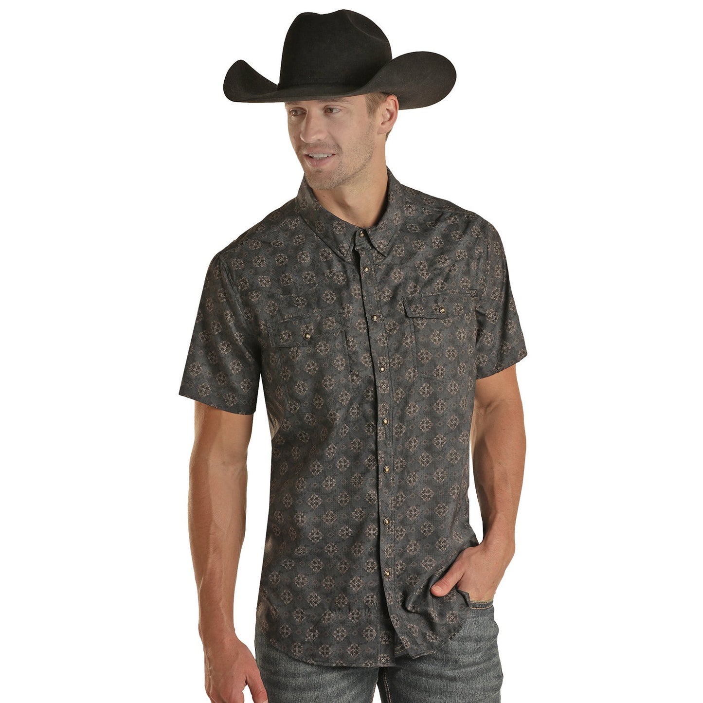 Rock & Roll Men's Short Sleeve 2 Pocket Medallion Ripstop Snap Shirt - Black