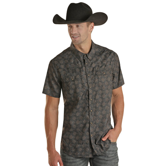 Rock & Roll Men's Short Sleeve 2 Pocket Medallion Ripstop Snap Shirt - Black