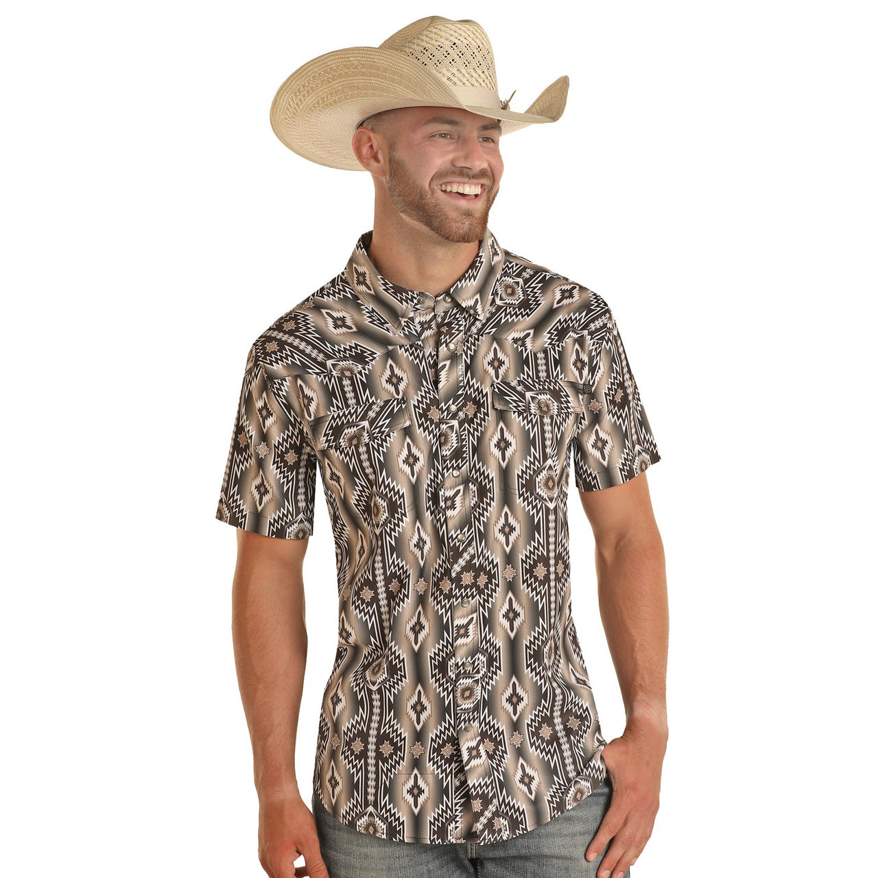 Rock & Roll Men's Tek Short Sleeve 2 Pocket Aztec Snap Shirt - Black