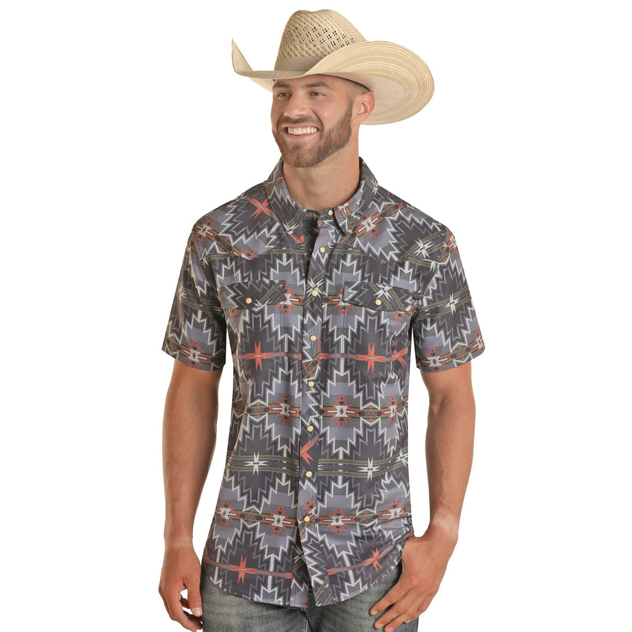 Rock & Roll Men's Tek Short Sleeve 2 Pocket Aztec Snap Shirt - Blue