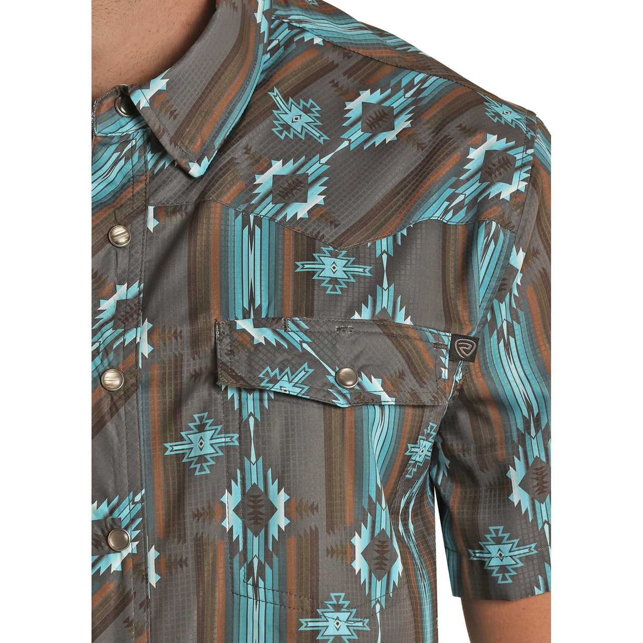 Rock & Roll Men's Tek Short Sleeve 2 Pocket Aztec Snap Shirt - Teal