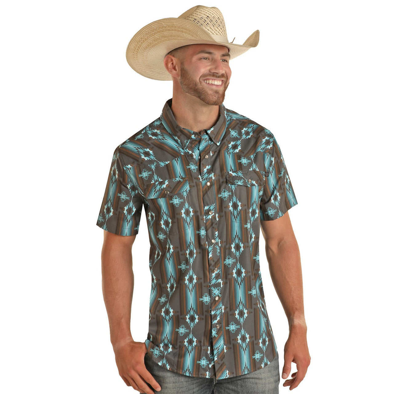 Rock & Roll Men's Tek Short Sleeve 2 Pocket Aztec Snap Shirt - Teal