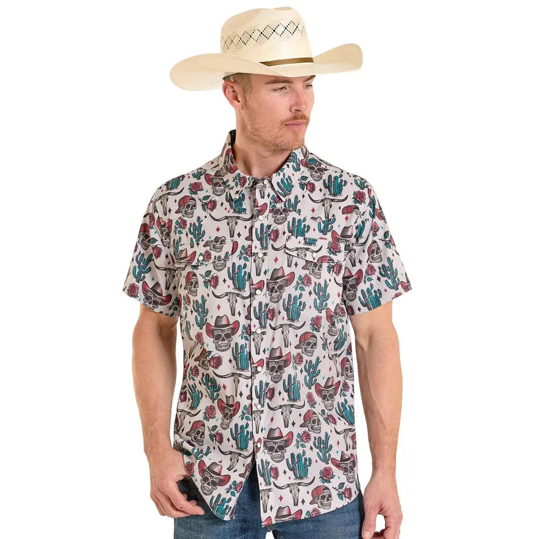 Rock & Roll Men's Novelty Skulls Tek Western Dia Los Muertos Short Sleeve Snap Shirt - White