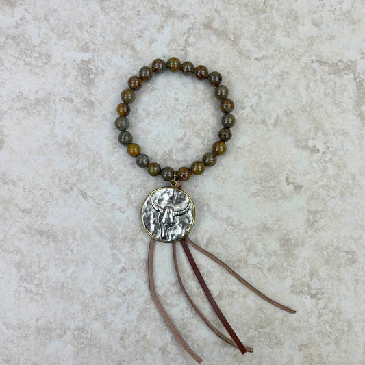 Wrangler Women's Jasper Bracelet w/Tassel & Metal Long Horn Pendent - Brown