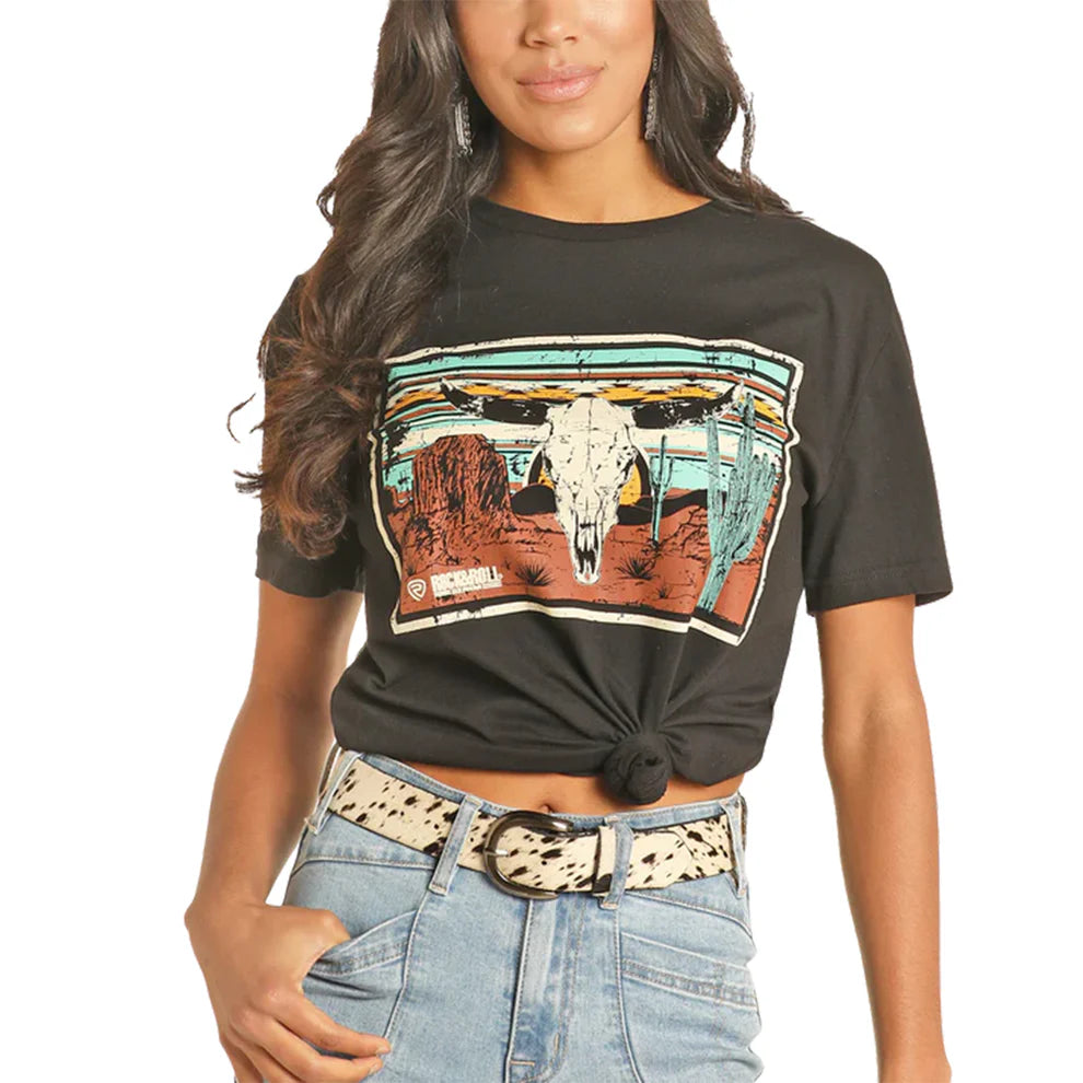 Rock & Roll Unisex Steer Skull Desert Graphic T-Shirt - Black