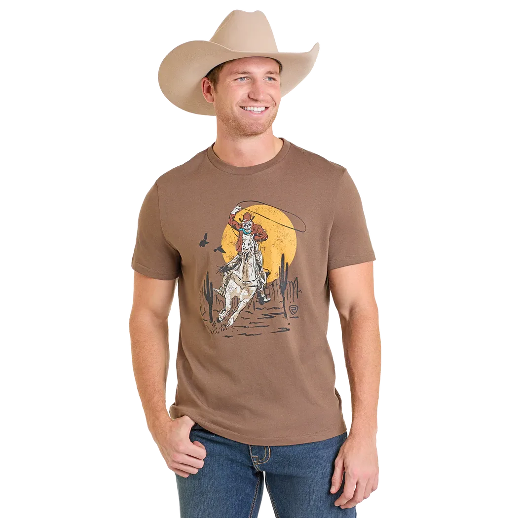 Rock & Roll Men's Skeleton Bronco Rider Graphic Short Sleeve Tee Shirt- Brown