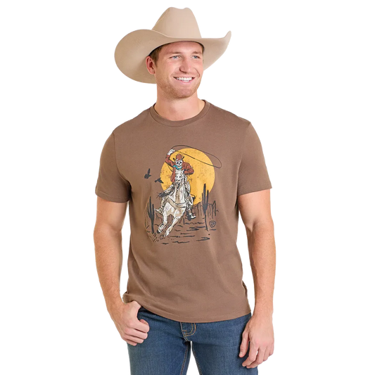 Rock & Roll Men's Skeleton Bronco Rider Graphic Short Sleeve Tee Shirt- Brown