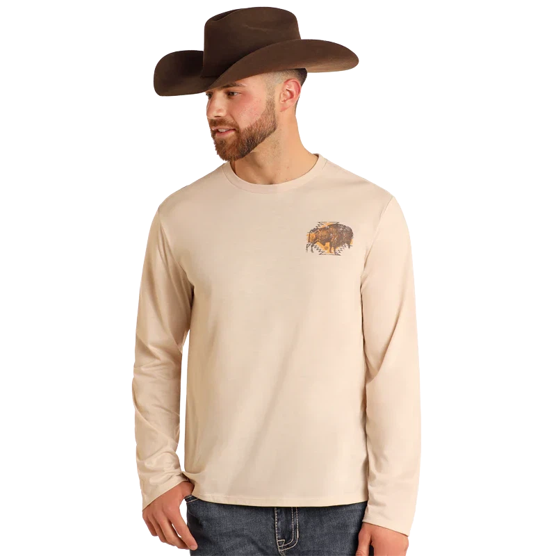 Rock & Roll Unisex Graphic Buffalo Long Sleeve Tee Shirt- Cream