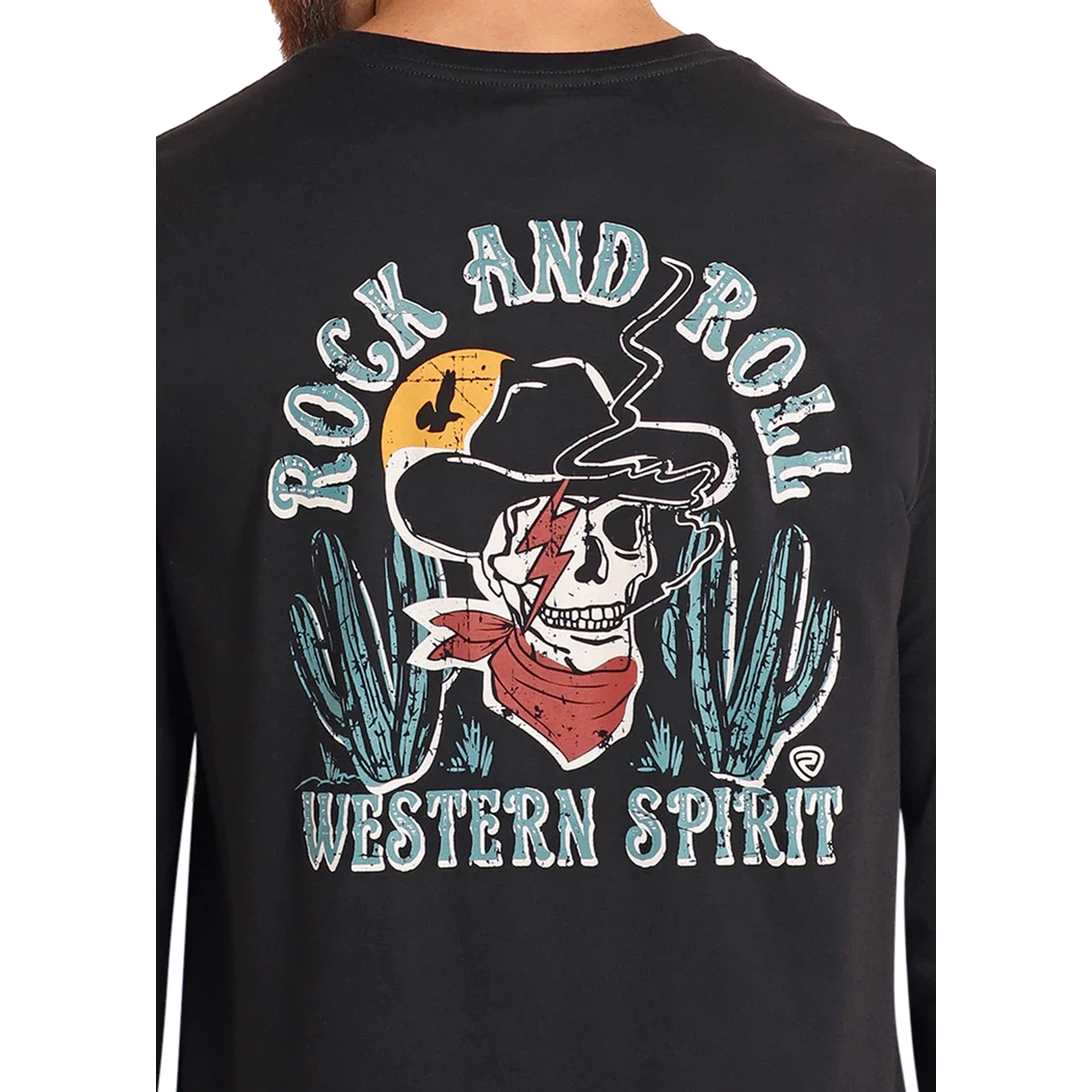 Rock & Roll Unisex Cowboy Skull Long Sleeve Tee Shirt- Black