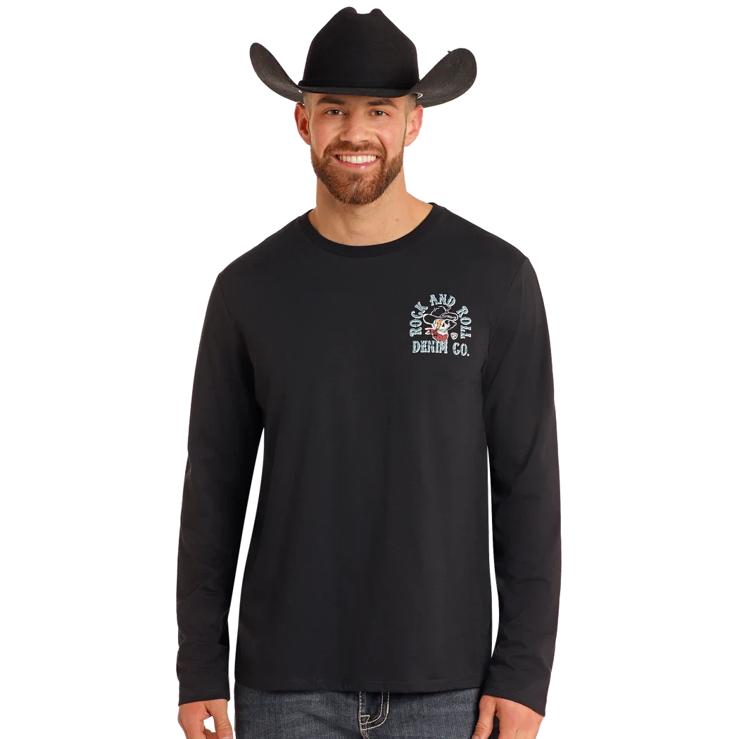 Rock & Roll Unisex Cowboy Skull Long Sleeve Tee Shirt- Black