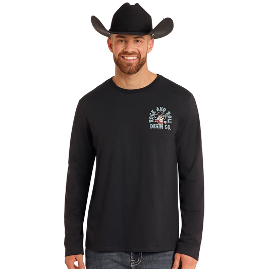 Rock & Roll Unisex Cowboy Skull Long Sleeve Tee Shirt- Black