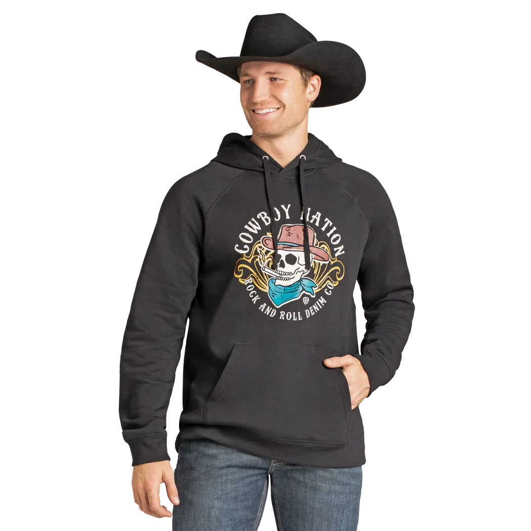 Rock & Roll Men's Long Sleeve Cowboy Nation Skull Graphic Hoodie- Black