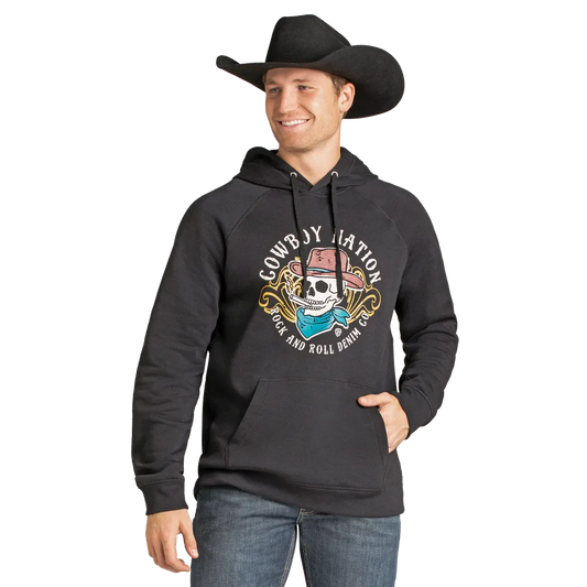 Rock & Roll Men's Long Sleeve Cowboy Nation Skull Graphic Hoodie- Black