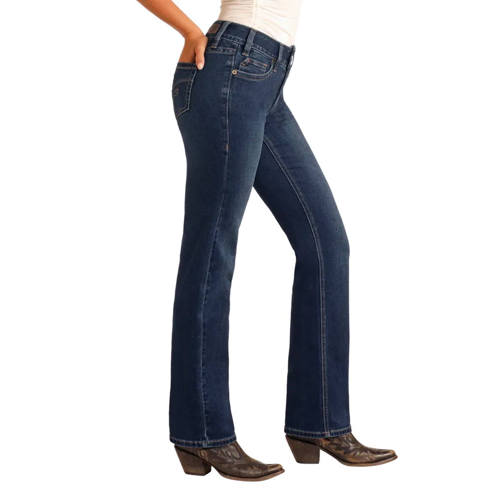 Rock & Roll Women's Arrow Embroidery Modest Bootcut Jeans- Dark Wash