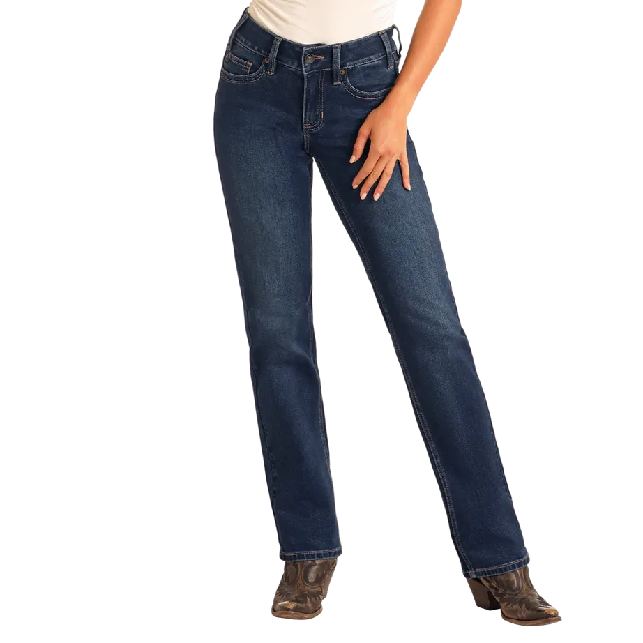 Rock & Roll Women's Arrow Embroidery Modest Bootcut Jeans- Dark Wash