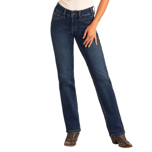 Rock & Roll Women's Arrow Embroidery Modest Bootcut Jeans- Dark Wash