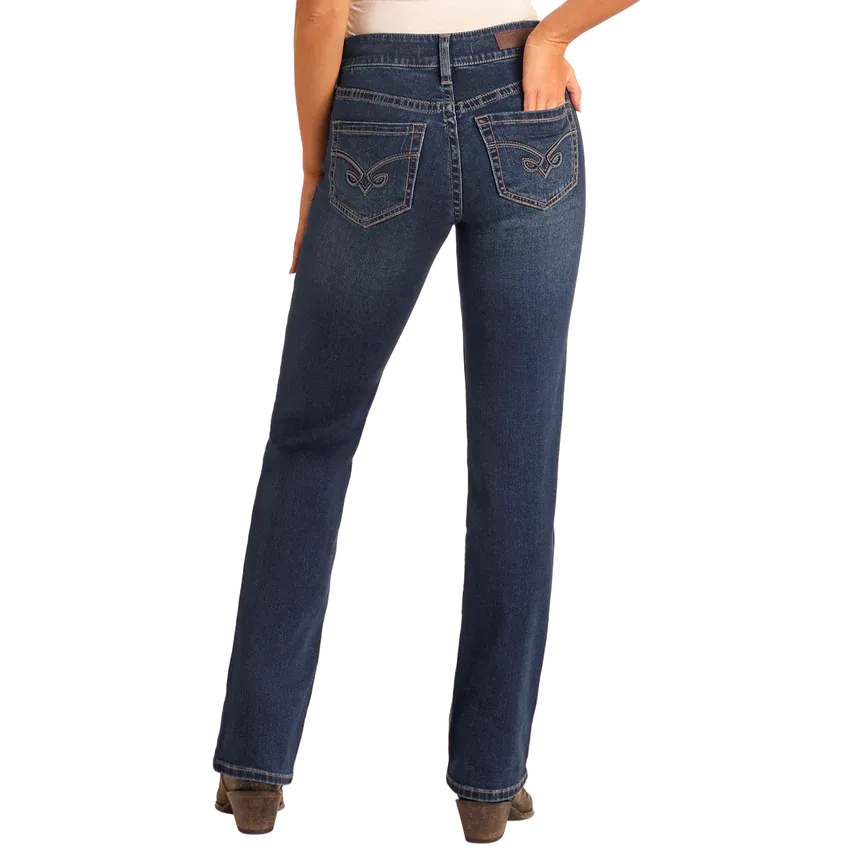 Rock & Roll Women's Arrow Embroidery Modest Bootcut Jeans- Dark Wash