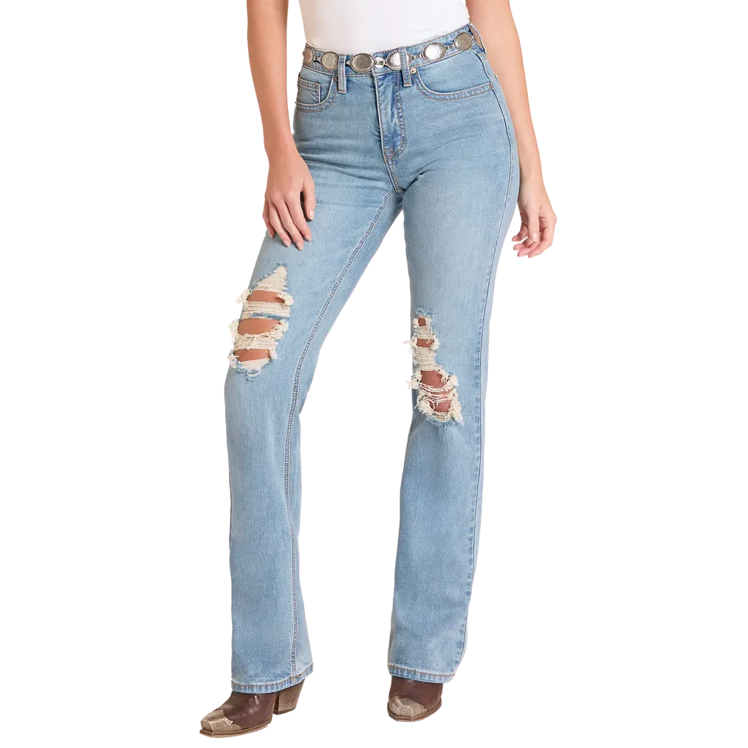 Rock & Roll Women's High Rise Distressed Modest Bootcut Jeans - Medium Wash