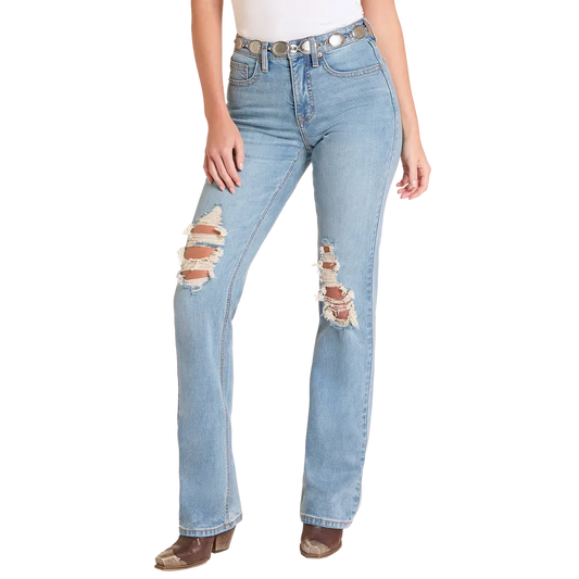 Rock & Roll Women's High Rise Distressed Modest Bootcut Jeans - Medium Wash