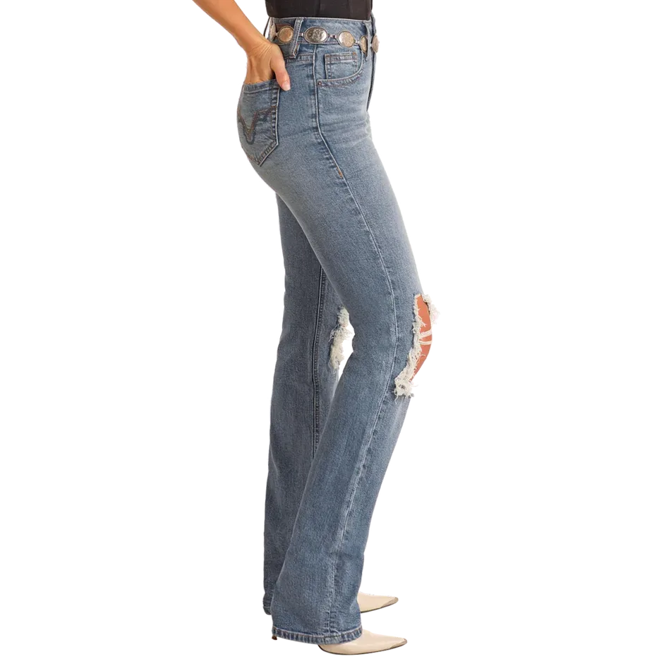 Rock & Roll Women's Distressed Modest Bootcut Jeans- Medium Wash