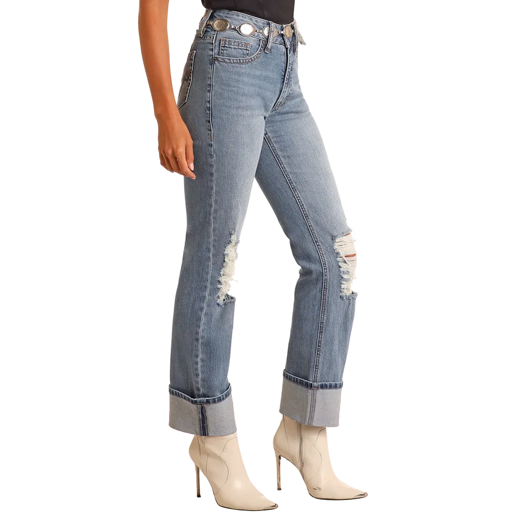 Rock & Roll Women's Distressed Modest Bootcut Jeans- Medium Wash