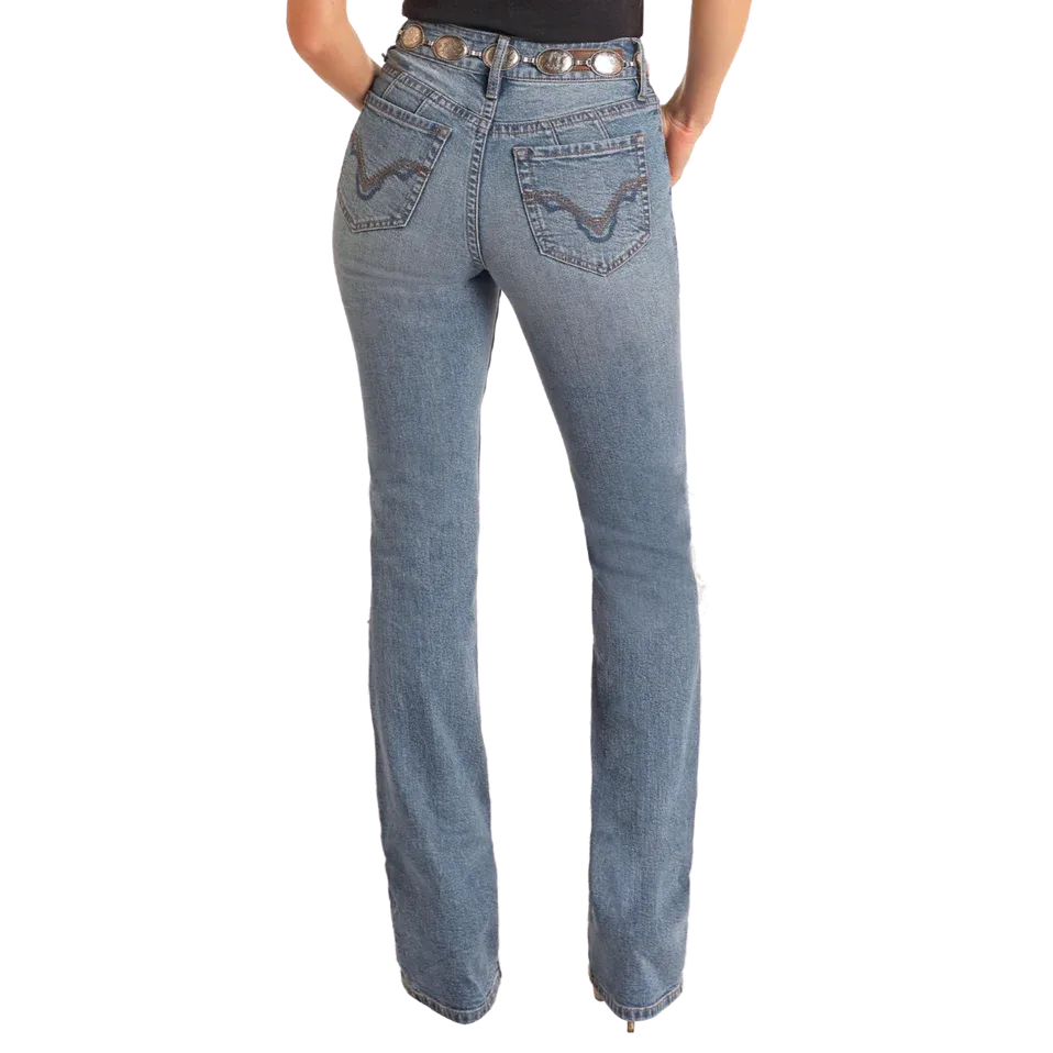 Rock & Roll Women's Distressed Modest Bootcut Jeans- Medium Wash