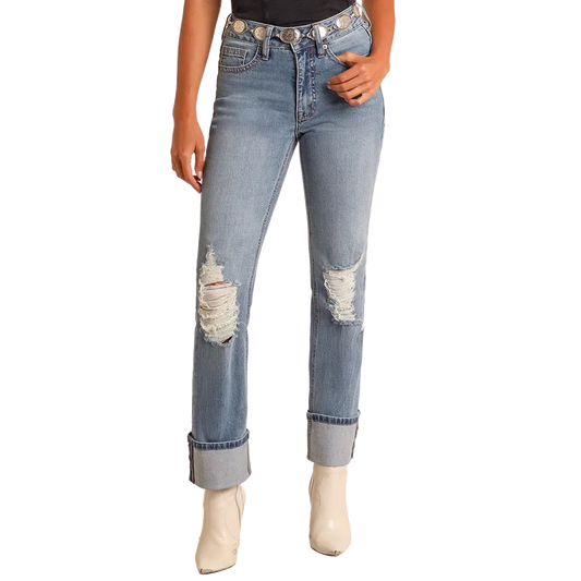 Rock & Roll Women's Distressed Modest Bootcut Jeans- Medium Wash