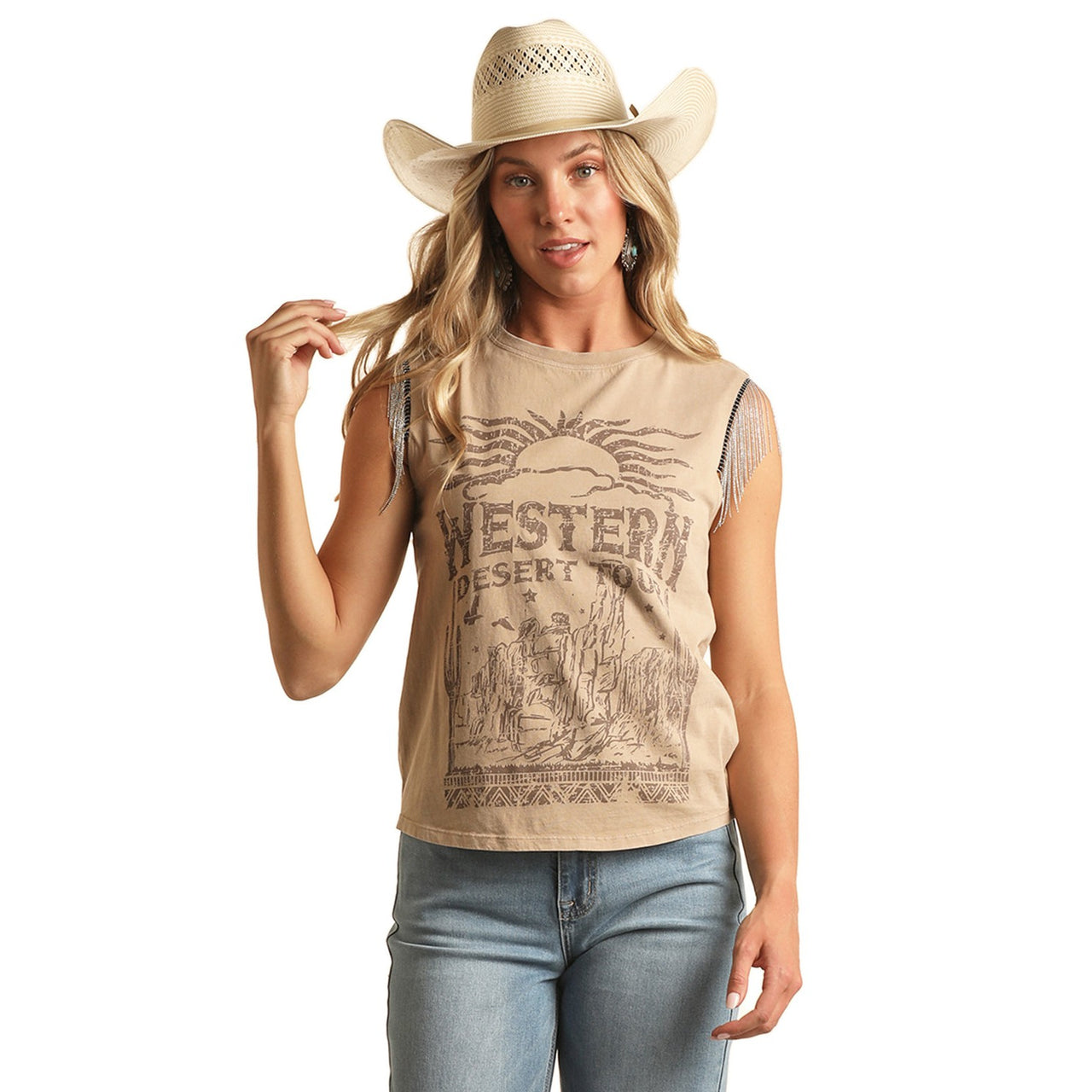 Rock & Roll Women's Chain Fringe Graphic Tank - Taupe