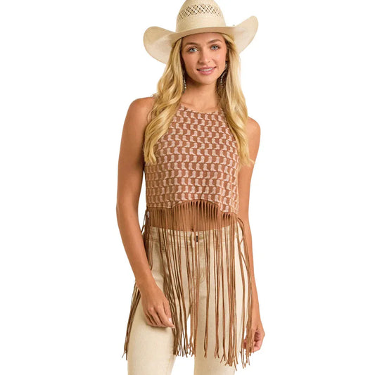 Rock & Roll Women's Sleeveless Boot Print Fringe Top- Brown