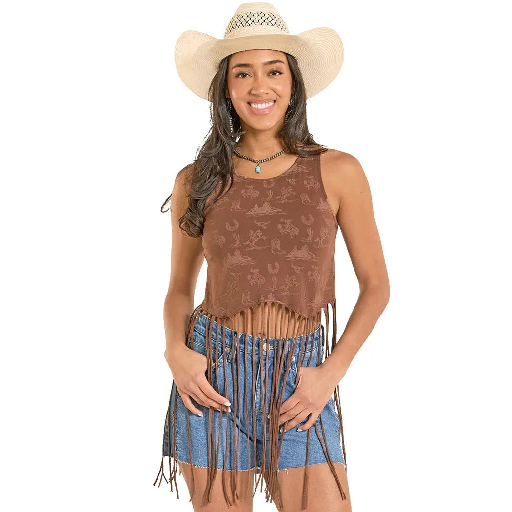 Rock & Roll Women's Conversational Western Print Fringe Top - Brown