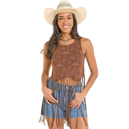 Rock & Roll Women's Conversational Western Print Fringe Top - Brown
