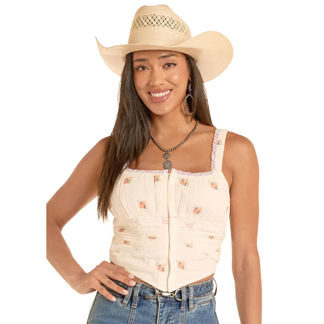 Rock & Roll Women's Flower Print Laced Corset Top - Natural