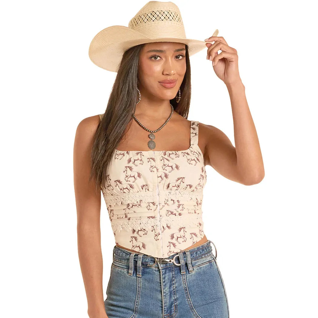 Rock & Roll Women's Horse Print Laced Corset Top - Natural