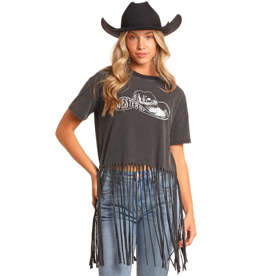 Rock & Roll Women's Western Fringe with Studs T-Shirt - Faded Black